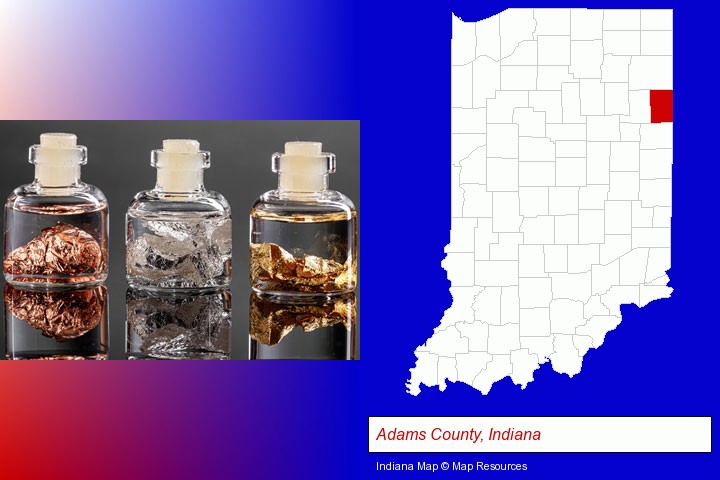 gold, silver, and copper nuggets; Adams County, Indiana highlighted in red on a map