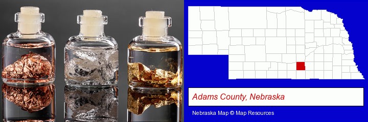 gold, silver, and copper nuggets; Adams County, Nebraska highlighted in red on a map