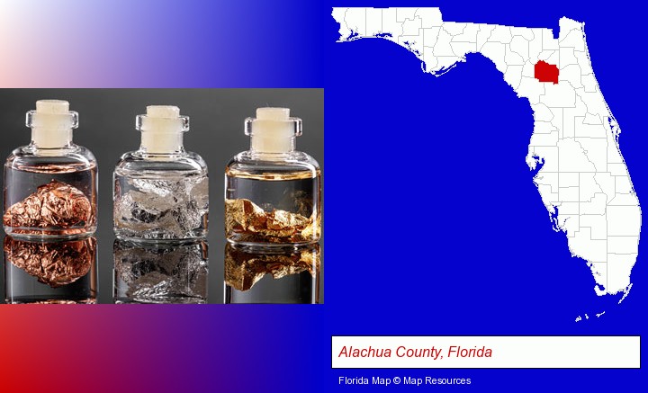 gold, silver, and copper nuggets; Alachua County, Florida highlighted in red on a map