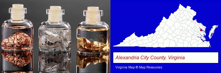 gold, silver, and copper nuggets; Alexandria City County, Virginia highlighted in red on a map