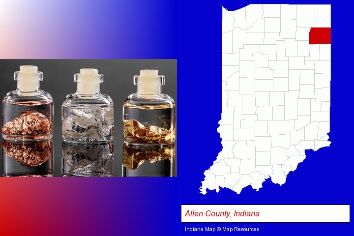gold, silver, and copper nuggets; Allen County, Indiana highlighted in red on a map