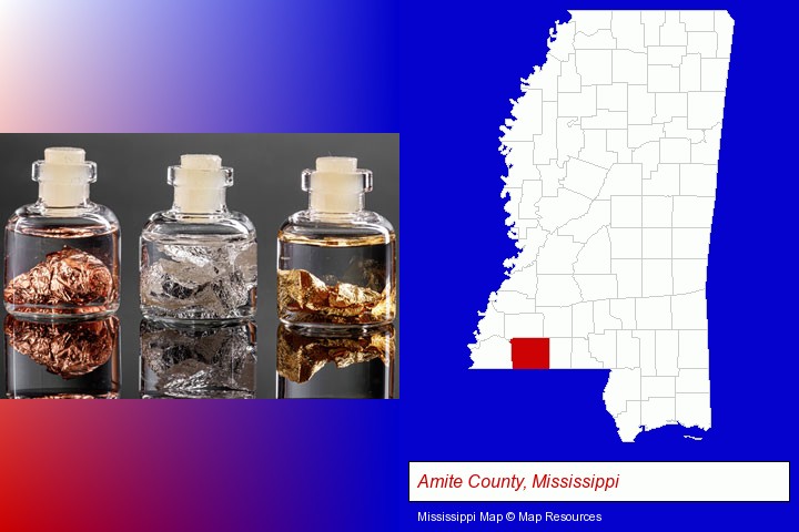 gold, silver, and copper nuggets; Amite County, Mississippi highlighted in red on a map