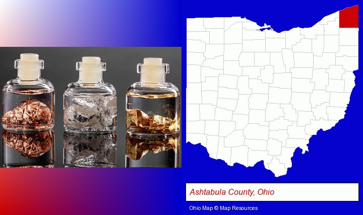 gold, silver, and copper nuggets; Ashtabula County, Ohio highlighted in red on a map