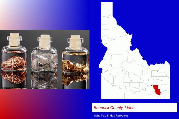 gold, silver, and copper nuggets; Bannock County, Idaho highlighted in red on a map