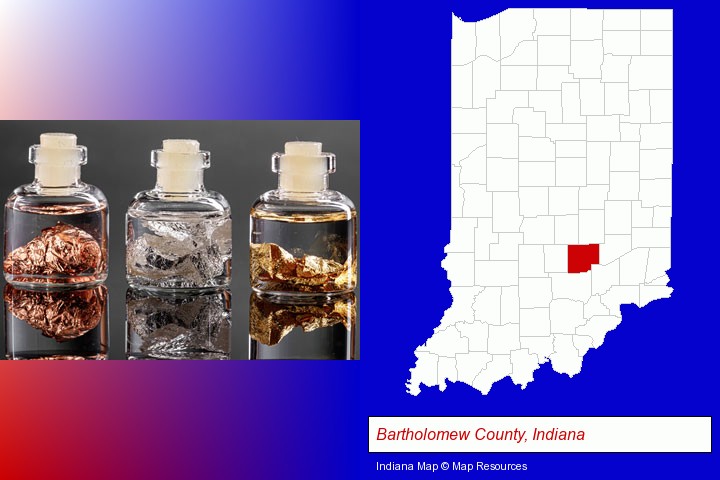 gold, silver, and copper nuggets; Bartholomew County, Indiana highlighted in red on a map