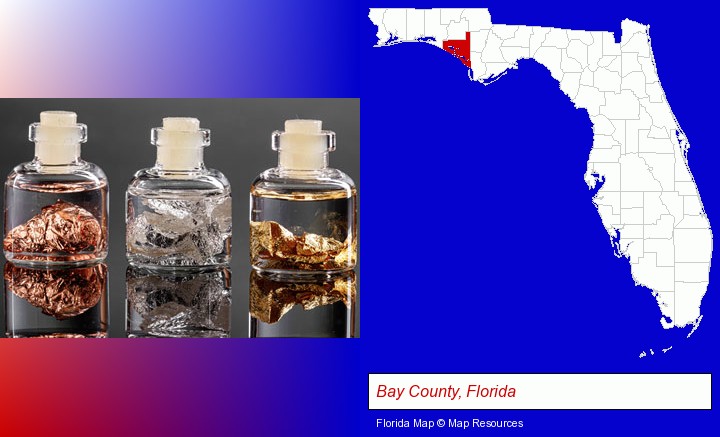 gold, silver, and copper nuggets; Bay County, Florida highlighted in red on a map