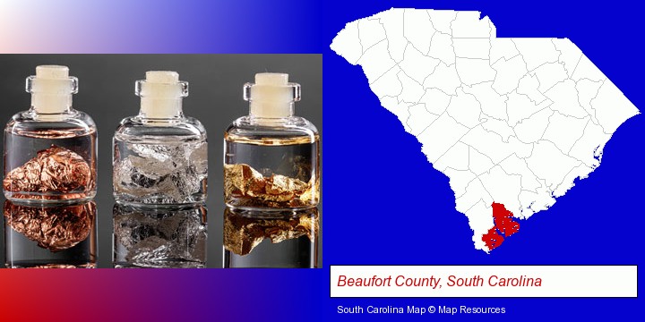 gold, silver, and copper nuggets; Beaufort County, South Carolina highlighted in red on a map