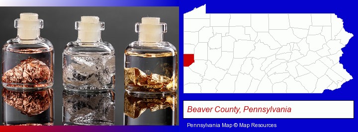 gold, silver, and copper nuggets; Beaver County, Pennsylvania highlighted in red on a map