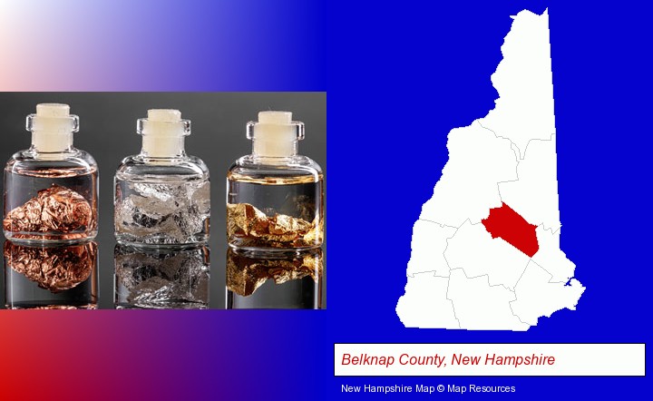 gold, silver, and copper nuggets; Belknap County, New Hampshire highlighted in red on a map