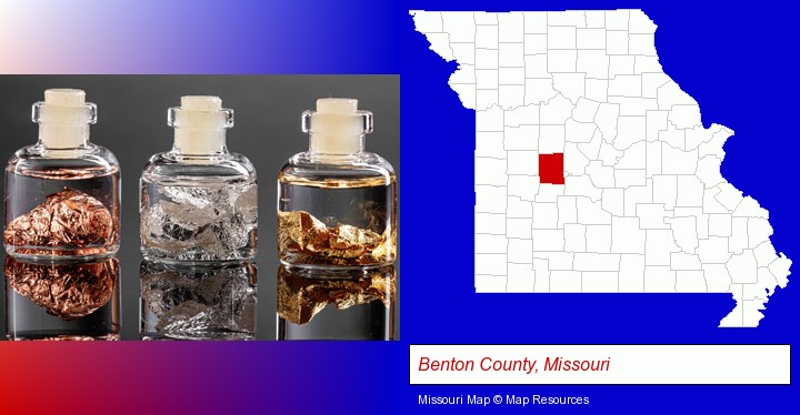 gold, silver, and copper nuggets; Benton County, Missouri highlighted in red on a map