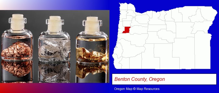 gold, silver, and copper nuggets; Benton County, Oregon highlighted in red on a map