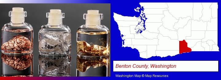 gold, silver, and copper nuggets; Benton County, Washington highlighted in red on a map