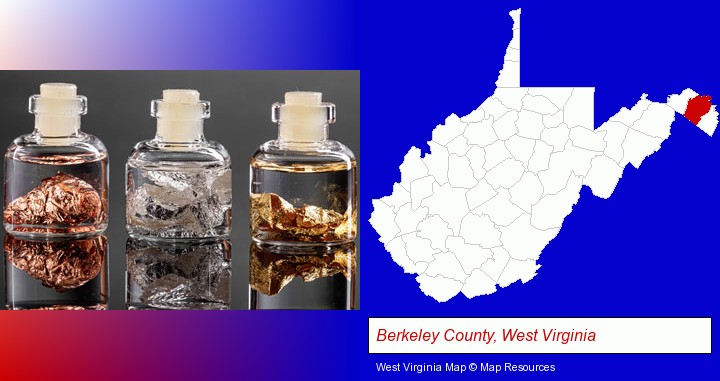 gold, silver, and copper nuggets; Berkeley County, West Virginia highlighted in red on a map