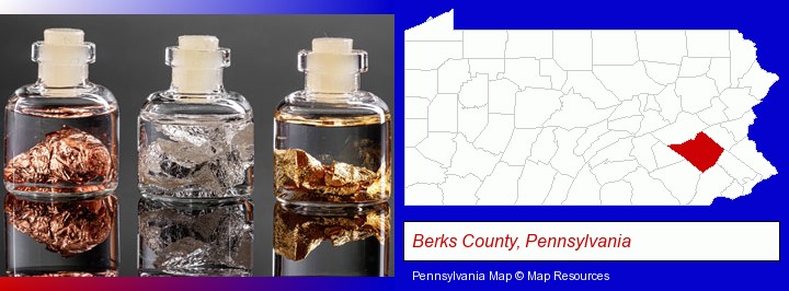 gold, silver, and copper nuggets; Berks County, Pennsylvania highlighted in red on a map