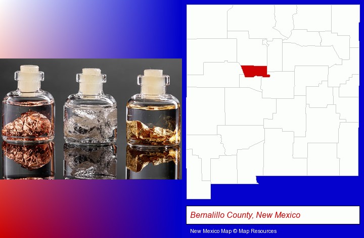 gold, silver, and copper nuggets; Bernalillo County, New Mexico highlighted in red on a map