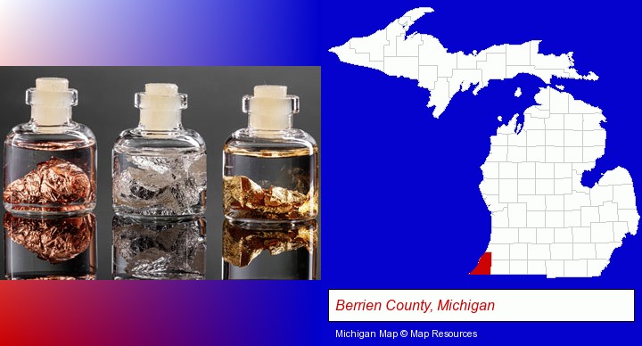 gold, silver, and copper nuggets; Berrien County, Michigan highlighted in red on a map