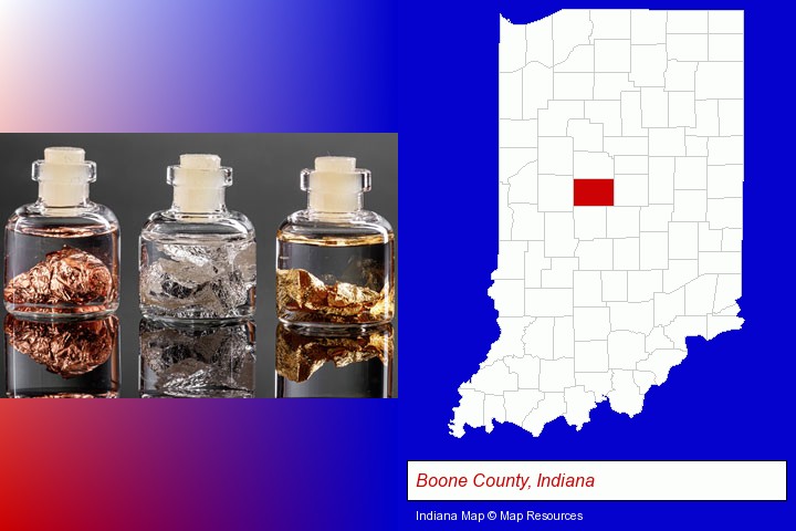 gold, silver, and copper nuggets; Boone County, Indiana highlighted in red on a map