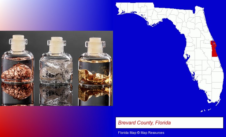 gold, silver, and copper nuggets; Brevard County, Florida highlighted in red on a map