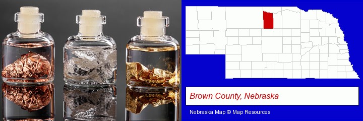 gold, silver, and copper nuggets; Brown County, Nebraska highlighted in red on a map