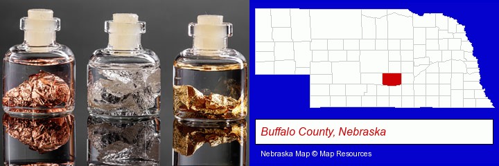 gold, silver, and copper nuggets; Buffalo County, Nebraska highlighted in red on a map