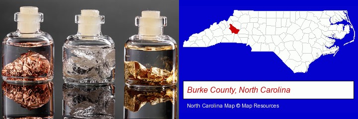 gold, silver, and copper nuggets; Burke County, North Carolina highlighted in red on a map