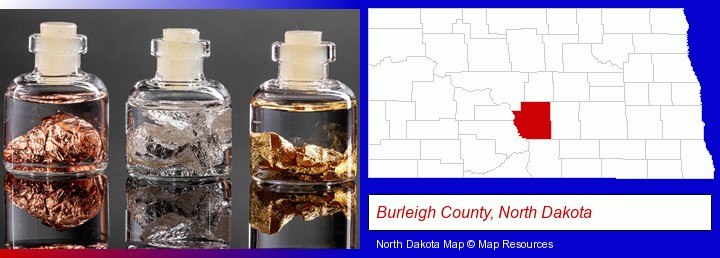 gold, silver, and copper nuggets; Burleigh County, North Dakota highlighted in red on a map
