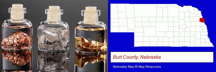 gold, silver, and copper nuggets; Burt County, Nebraska highlighted in red on a map