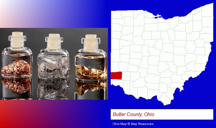 gold, silver, and copper nuggets; Butler County, Ohio highlighted in red on a map