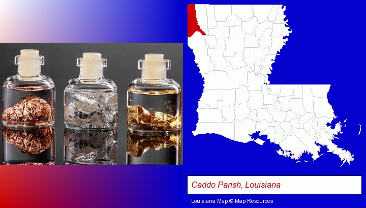 gold, silver, and copper nuggets; Caddo Parish, Louisiana highlighted in red on a map