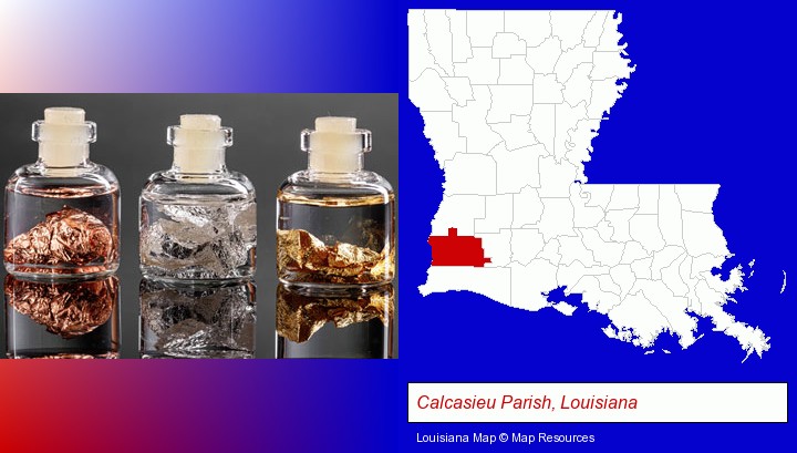 gold, silver, and copper nuggets; Calcasieu Parish, Louisiana highlighted in red on a map