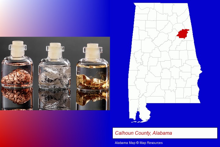 gold, silver, and copper nuggets; Calhoun County, Alabama highlighted in red on a map