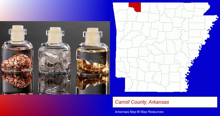 gold, silver, and copper nuggets; Carroll County, Arkansas highlighted in red on a map