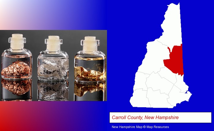gold, silver, and copper nuggets; Carroll County, New Hampshire highlighted in red on a map