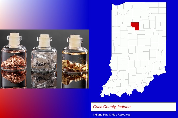 gold, silver, and copper nuggets; Cass County, Indiana highlighted in red on a map