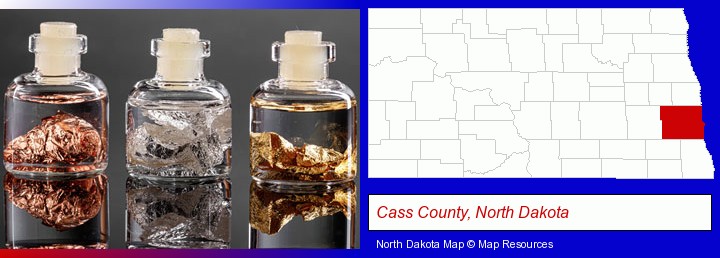 gold, silver, and copper nuggets; Cass County, North Dakota highlighted in red on a map