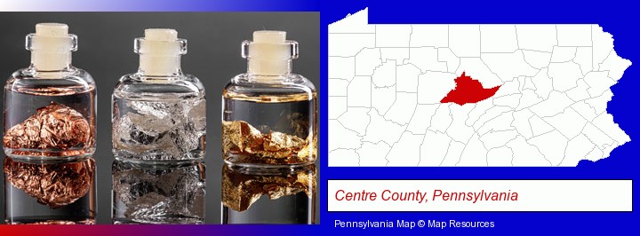 gold, silver, and copper nuggets; Centre County, Pennsylvania highlighted in red on a map