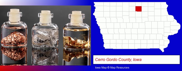gold, silver, and copper nuggets; Cerro Gordo County, Iowa highlighted in red on a map