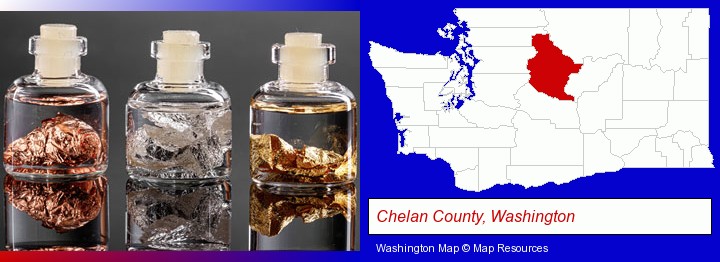 gold, silver, and copper nuggets; Chelan County, Washington highlighted in red on a map