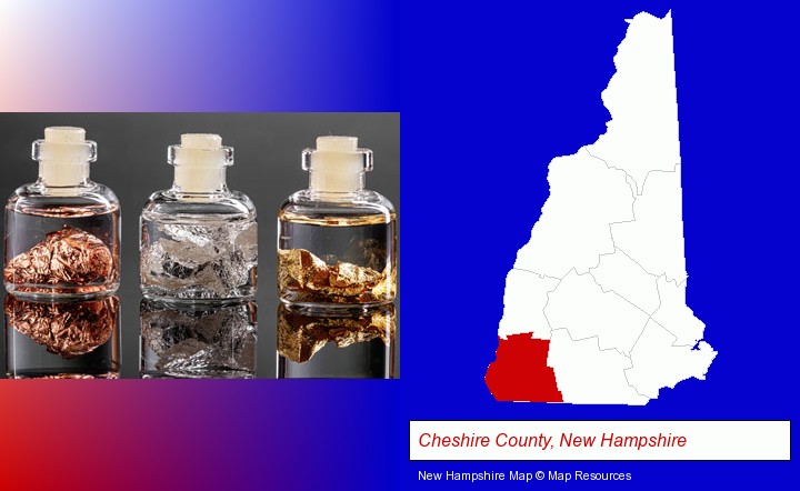 gold, silver, and copper nuggets; Cheshire County, New Hampshire highlighted in red on a map