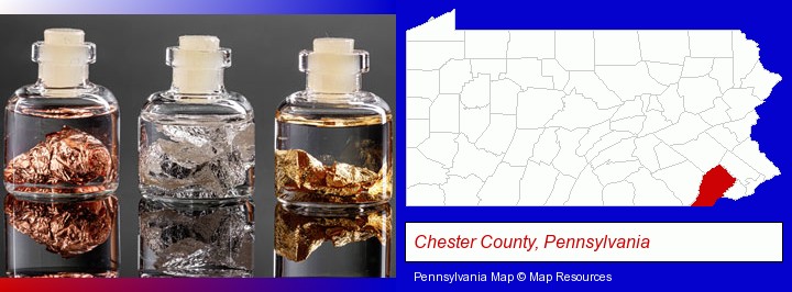 gold, silver, and copper nuggets; Chester County, Pennsylvania highlighted in red on a map