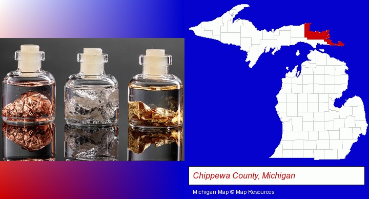 gold, silver, and copper nuggets; Chippewa County, Michigan highlighted in red on a map