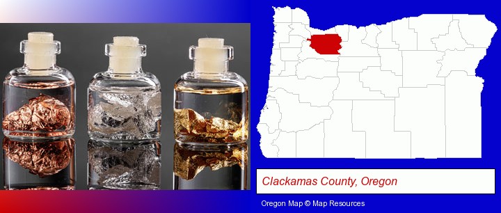 gold, silver, and copper nuggets; Clackamas County, Oregon highlighted in red on a map