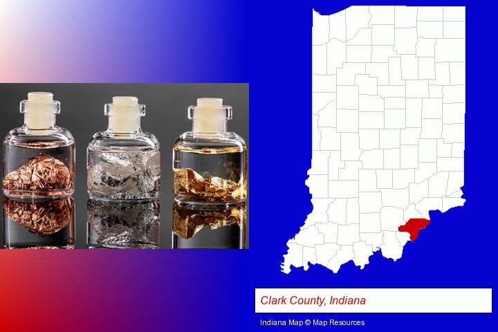 gold, silver, and copper nuggets; Clark County, Indiana highlighted in red on a map