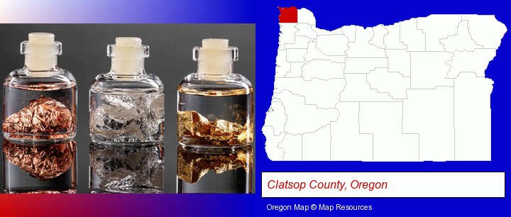 gold, silver, and copper nuggets; Clatsop County, Oregon highlighted in red on a map