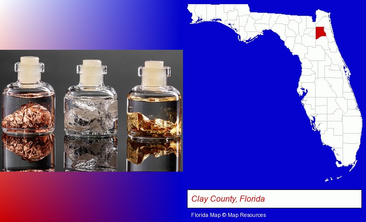 gold, silver, and copper nuggets; Clay County, Florida highlighted in red on a map