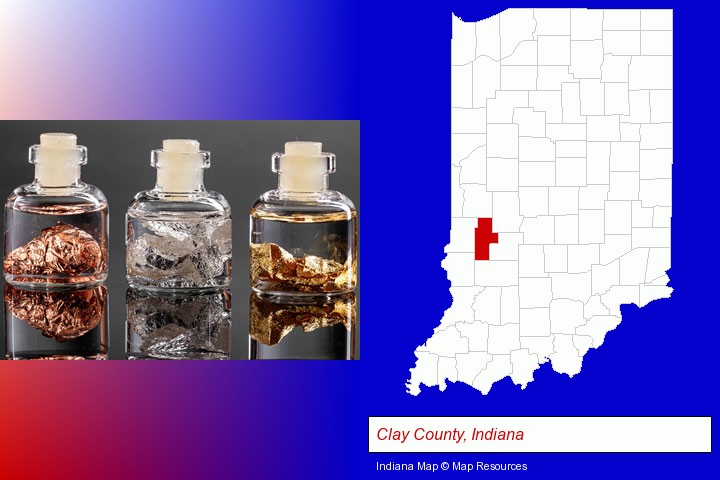 gold, silver, and copper nuggets; Clay County, Indiana highlighted in red on a map