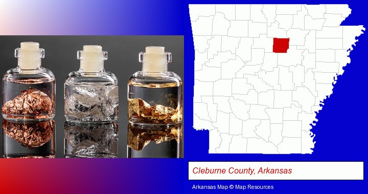 gold, silver, and copper nuggets; Cleburne County, Arkansas highlighted in red on a map