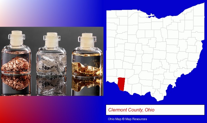 gold, silver, and copper nuggets; Clermont County, Ohio highlighted in red on a map