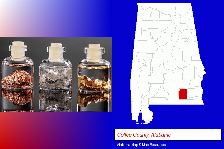 gold, silver, and copper nuggets; Coffee County, Alabama highlighted in red on a map