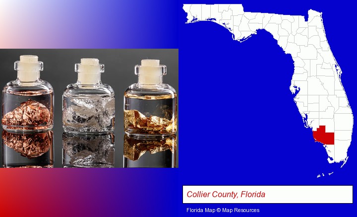 gold, silver, and copper nuggets; Collier County, Florida highlighted in red on a map